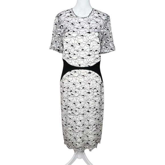 Lela Rose Lace Monochrome MIdi Dress Size 14 Cream Black Wool Blend Coquette USA - Picture 1 of 12
